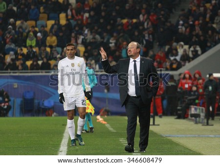 LVIV, UKRAINE - NOVEMBER 25th, 2015: Real Madrid Head coach Rafael Benitez and defender of Real Madrid Danilo during the match of UEFA Champions League against Shakhtar in the Arena Lviv