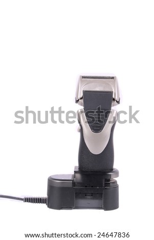 electric shaver and trimmer with black rubber handle isolated over white