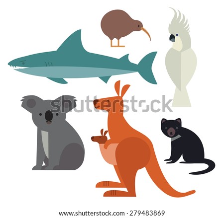 Fauna of Australia and New Zealand Icons set of vector animals isolated on white background Vector illustration of animal set including cockatoo Tasmanian devil kangaroo shark kiwi and koala Fauna of Australia and New Zealand Icons set of vector animals isolated on white background Vector illustration of animal set including cockatoo Tasmanian devil kangaroo shark kiwi and koala