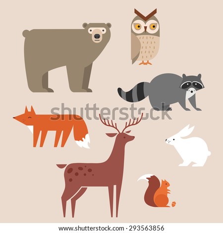 Cute forest animals vector set include bear, owl, fox, raccoon, deer, rabbit and squirrel.\
forest animals icons set vector illustration.