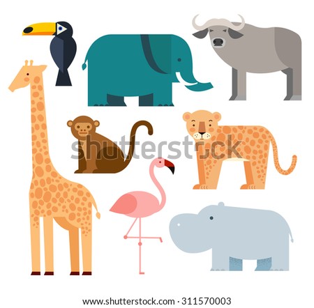 Jungle animals icons set  isolated on a white background. Vector illustration of cute animal set including monkey, giraffe, buffalo, elephant, toucan, leopard, hippopotamus and flamingo.