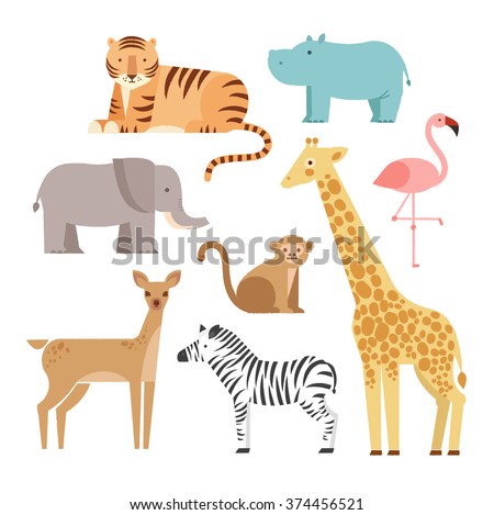 Vector illustration of cute animal set including monkey, giraffe, elephant, zebra, tiger, hippopotamus, antelope, deer and flamingo.