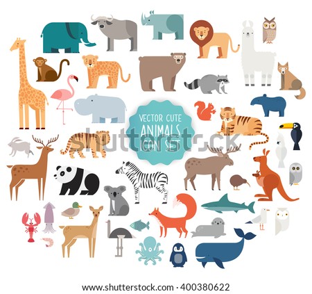 Cute Animal Vector illustration Icon Set isolated on a white background. Collection of cute cartoon animals,birds and sea creatures.
