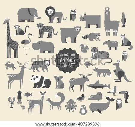 Cute Animal Vector illustration Icon Set. Monochrome Collection of  cartoon animals, birds and sea creatures.