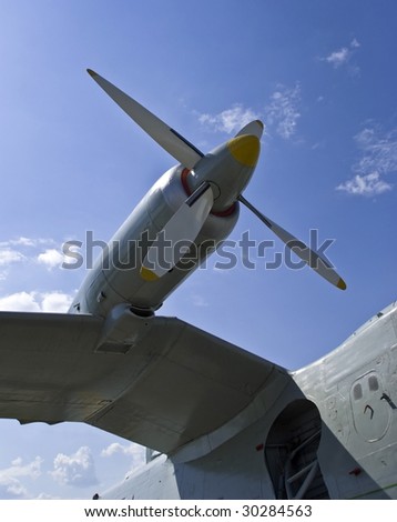 Aircraft propeller against a blue sky