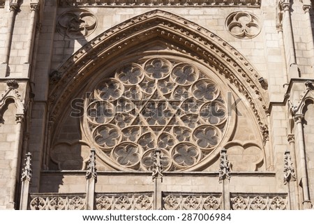 Rosette window in the facade of the Burgos gothic cathedral. Burgos, Castilla y Leon, Spain.