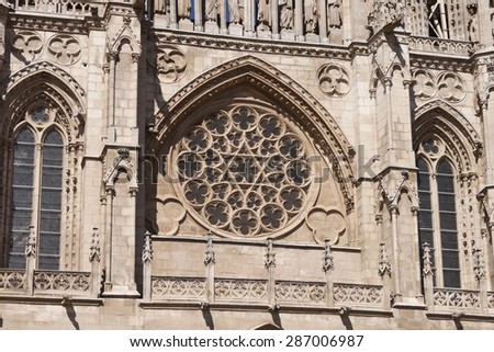 Rosette window in the facade of the Burgos gothic cathedral. Burgos, Castilla y Leon, Spain.