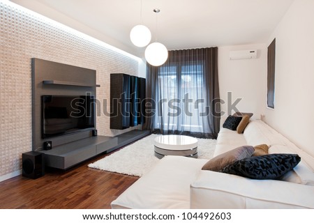 Modern Equiped Livingroom With Big Tv Screen Stock Photo 104492603