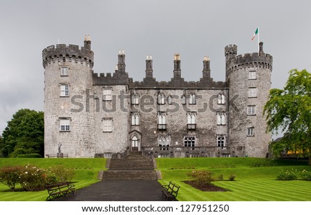 Backyard view of old medieval castle in Kilkenny, Ireland. Famous tourist attraction.