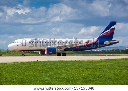 ZAGREB, CROATIA - APR 28: Russian Airlines Airbus A320-214 taxiing on Pleso runway on April 28, 2013 in Zagreb, Croatia. Aeroflot is among the world\'s leading companies by service reliability