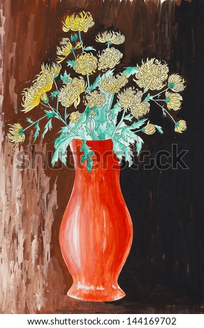 Painting of yellow flowers in red vase on brown background in water color technique