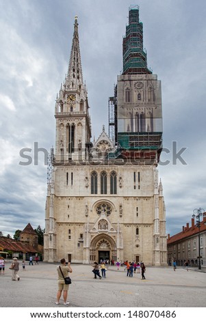 ZAGREB, CROATIA - JUL 30: The Cathedral of Assumption of the Blessed Virgin Mary on July 30 2013 in Zagreb, Croatia. It is the tallest sacral building in Croatia