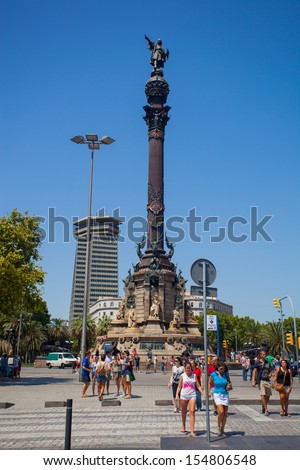 BARCELONA, SPAIN - AUG 10: Christopher Columbus monument at Placa de la Porta de Pau on August 10 2013 in Barcelona, Spain. With 60m of height this is the tallest Columbus monument in the world