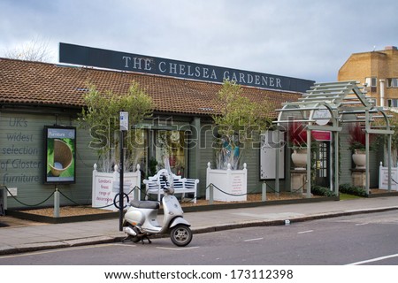 LONDON, UNITED KINGDOM - DECEMBER 25, 2011: Street view of The Chelsae Gardener, popular shop that provides the best outdoor furniture, garden essentials, gifts and decorations, plants and pots.