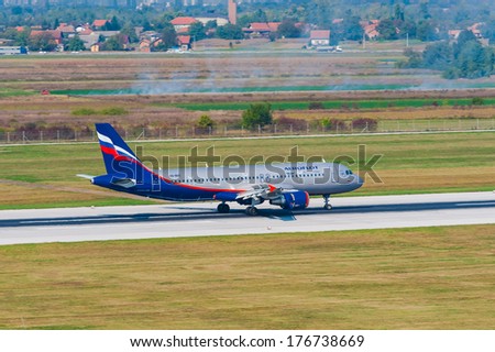 ZAGREB, CROATIA - SEPTEMBER 29, 2009: Russian Airlines Airbus A320 landing on International Airport Pleso runway. Aeroflot is among the world\'s leading companies by service reliability.