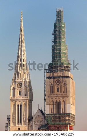ZAGREB, CROATIA - DECEMBER 31, 2012: The Cathedral of Assumption of the Blessed Virgin Mary towers.