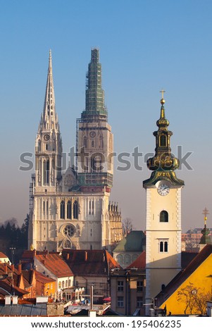 ZAGREB, CROATIA - DECEMBER 31, 2012: The Cathedral of Assumption of the Blessed Virgin Mary and the Church of St. Mary towers.
