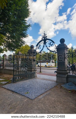 AMSTERDAM - NETHERLANDS: AUGUST 11, 2014: Entrance gate to Vondel park. 10 millions people per year visits Vondel Park.