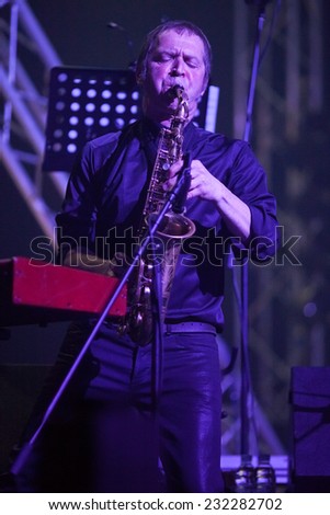 ZAGREB, CROATIA - MAY 23, 2013: Psihomodo Pop\'s 30th birthday concert  in Dom sportova. Jurij Novoselic Kozma playing saxophone.