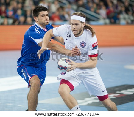 ZAGREB, CROATIA - DECEMBER 9, 2014: EHF Men\'s Champions League, match between HC Zagreb and HC Paris Saint-Germain. Mikkel HANSEN (24) and