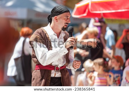 ZAGREB, CROATIA - JUNE 7, 2014: Street performer dressed as pirate during the \