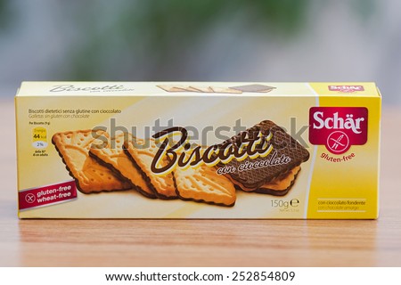 ZAGREB, CROATIA - FEBRUARY 1, 2015: Schar Gluten-free chocolate biscuits. Dr. Schar is a world leader in gluten-free products.