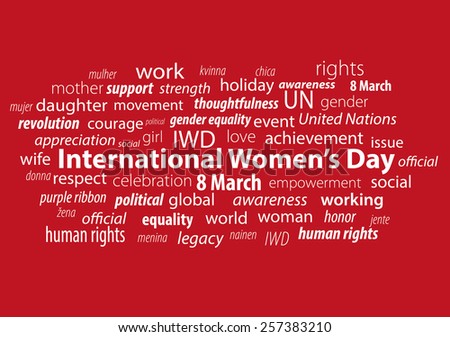 Word cloud made of words concerning International Women\'s Day. White words on red background.