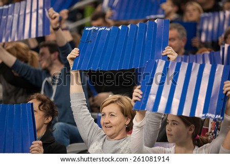 ZAGREB, CROATIA - MARCH 14, 2015: EHF Men\'s Champions League - last 16, match between HC Zagreb PPD and HC Kolding Copenhagen. Zagreb supporters holding cardboard props.
