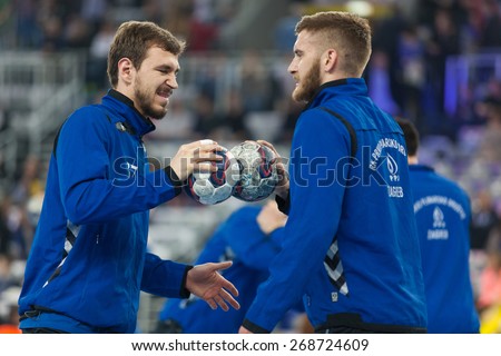 ZAGREB, CROATIA - APRIL 9, 2015: EHF Men\'s Champions League - Quarter final match between HC Zagreb PPD and HC Barcelona. Zagreb players warming up before the match.