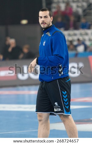 ZAGREB, CROATIA - APRIL 9, 2015: EHF Men\'s Champions League - Quarter final match between HC Zagreb PPD and HC Barcelona. SUSNJA Leon (19) before the match.