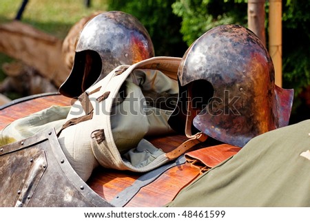 Old rusty medieval helmets
