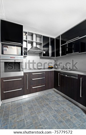 Kitchen on Small Modern Kitchen In Black And Wenge Colors Stock Photo 75779572