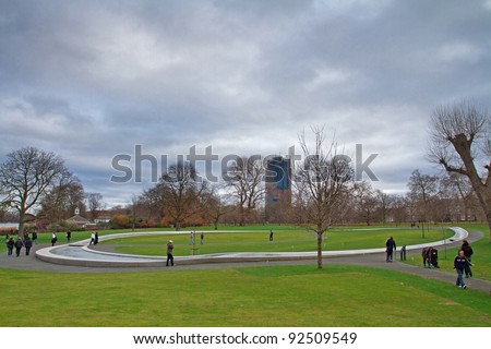 LONDON, ENGLAND - DEC 25: Diana, Princess of Wales Memorial Fountain in Hyde Park on December 25, 2011 in London, England. Designed to express Diana's spirit. Officially was opened on 6 July 2004