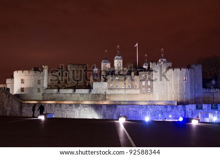 LONDON, ENGLAND - DEC 26: Tower of London at night on December 26, 2011 in London, England. The Tower has an iconic role as reflecting the last military conquest of England.