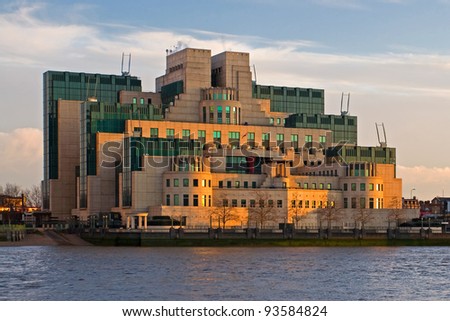 LONDON, ENGLAND - DEC 28: Secret Intelligence Service (SIS) building at sunset on December 28, 2011 in London, England. The building was designed by Sir Terry Farrell and built by John Laing.