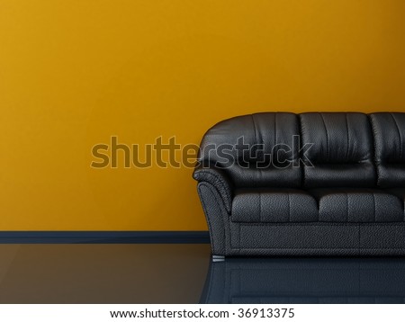 Black leather Couch to face a blank yellow wall - with stone floor