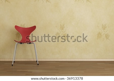 Modern Red Chair to  face a blank wall, with parquet floor