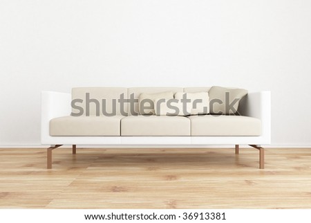 white couch to face a blank white wall - with parquet floor