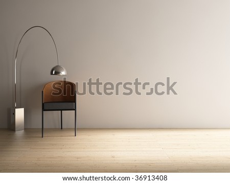 Modern Chair with floor lamp to face a blank white wall