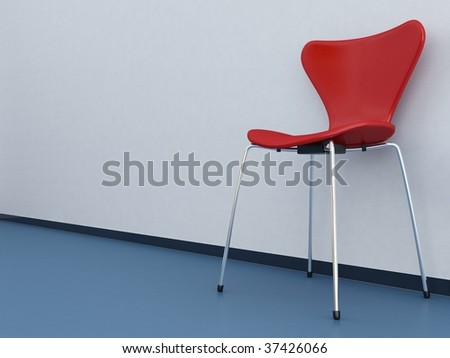 Modern Red Chair to face a blank white wall - blue floor