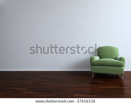 Green Chair to  face a blank white wall - with parquet - right side of view