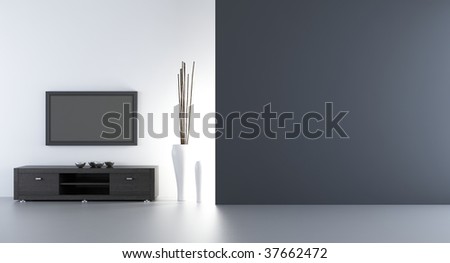 flatscreen wth rack to face a blank white wall - left side of view