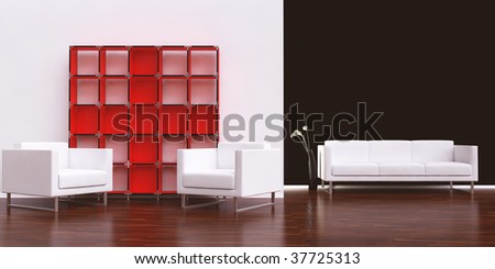Leather Armchair, red Rack and Couch - modern living room setting