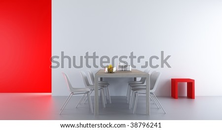 Four Chairs an table to face a white blank wall, with red rack