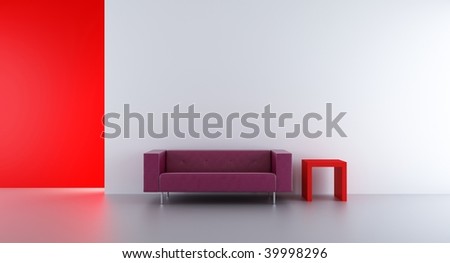 Couch and rack to face a blank white wall