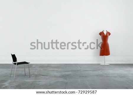 modern chair and red dress to face a blank wall