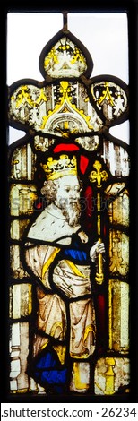 GLASGOW, SCOTLAND - MARCH  19, 2015: Stained glass panel made  in England, Norwich School, dated Mid 15th Century, depicting King, exhibited in The Burrell Collection