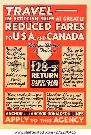 GLASGOW, SCOTLAND - APRIL 24, 2015: Poster exhibited in The People\'s Palace advertising Travel in Scottish Ships at Greatly reduced fares to USA and Canada