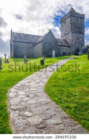 Digital watercolour from a photograph of St Clement\'s Church, Rodel, Isle Of Harris, Western Isles, Scotland