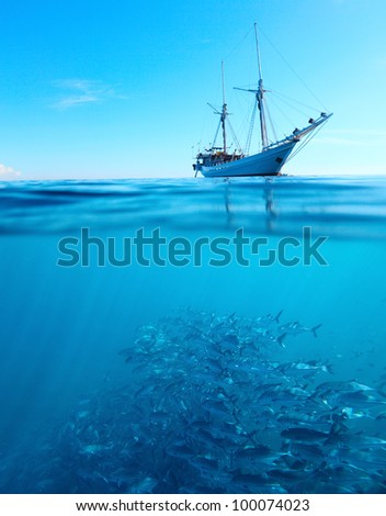 Sail boat in a tropical calm sea on a surface and large school of a Jackfish underwater